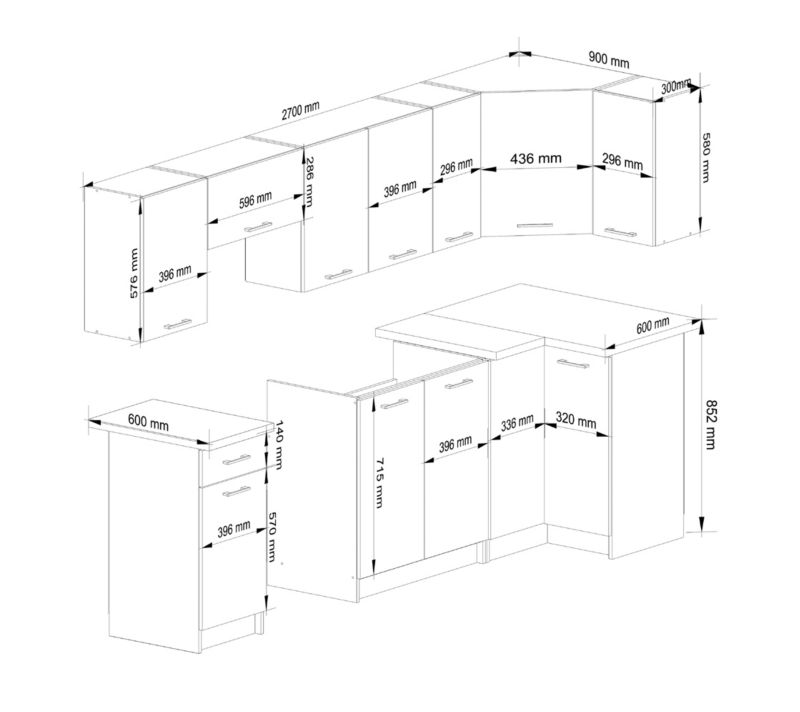 Hjørnekøkkensæt Oliwia 3,0 m hvid 300 cm med 11 døre og 1 skuffe, mat hvid, 16 hylder, 300x46x203 cm, 1 sæt