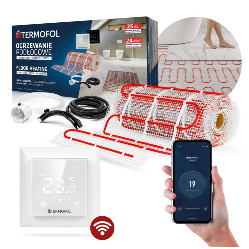 Varmemåtte Sæt 150W/m² 50 cm 10 m² med TF-H6 WIFI Termostat | TF-HM-150.100.H6WIFI