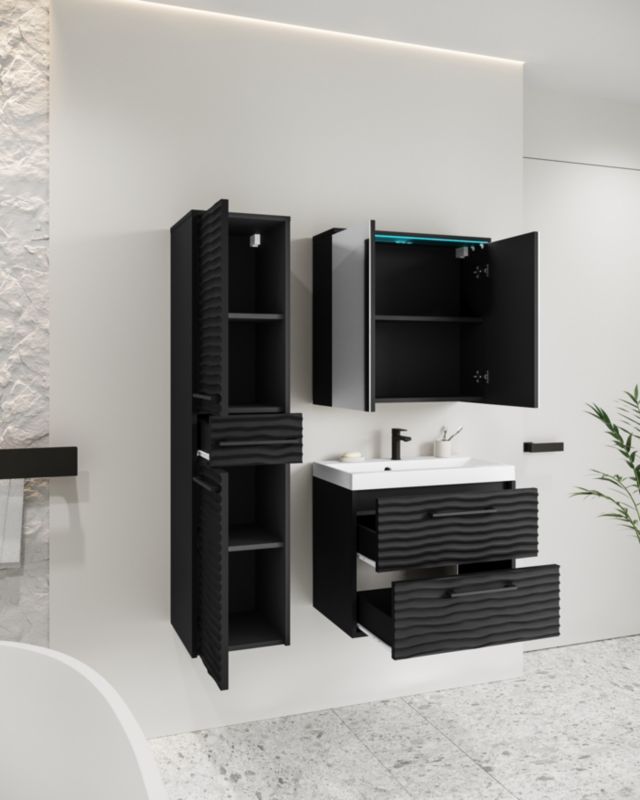 Badeværelsesmøbelsæt MINIO go for it YUKO 1 sort grafit MDF mønster M4 med LED-belysning 1 sæt
