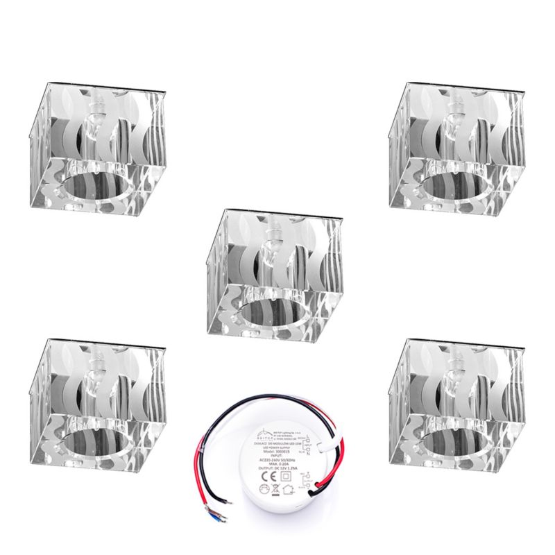 SPOT Light Sæt med 5xG4 LED 2,3W Loftspots med strømforsyning, Transparent glas, Polsk producent, 5 stk.
