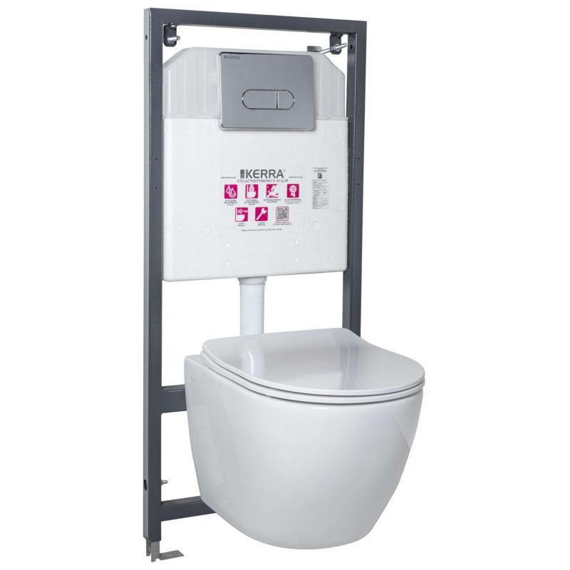 Toiletsæt til indbygning med Kerra Delos hvidt toilet og Pacific forkromet trykplade