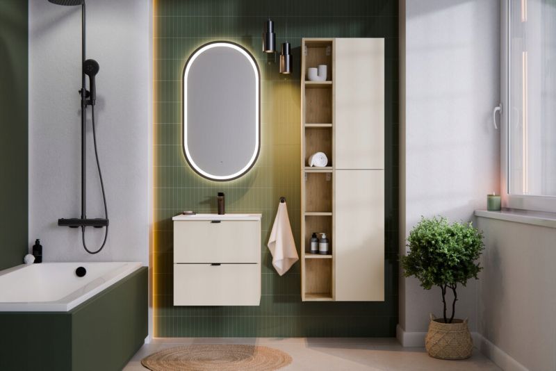 Hængeskab Under Håndvask 50 cm Beige Mat 2 Skuffer