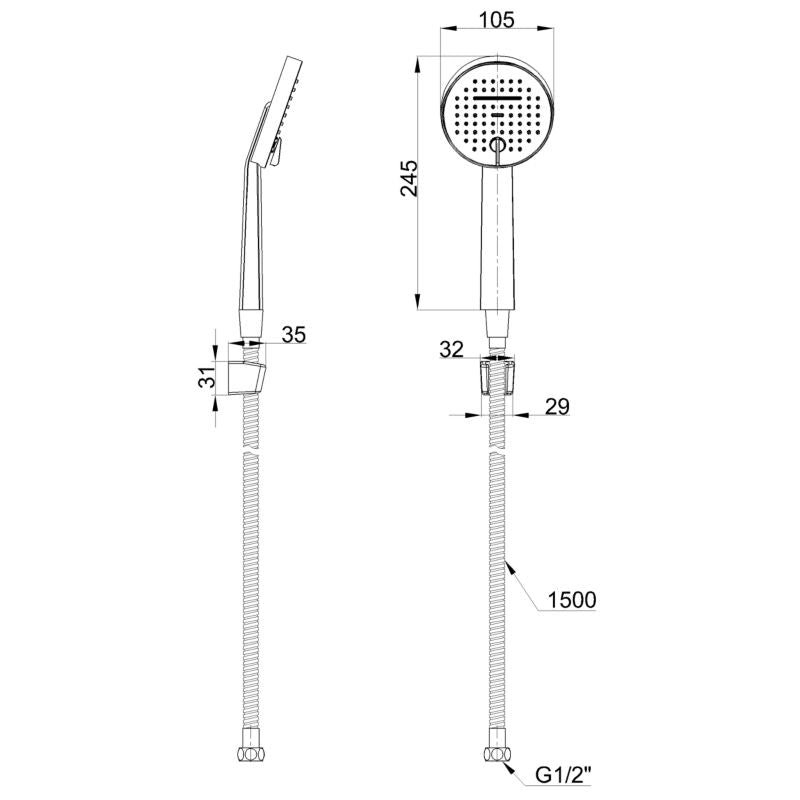 1-Punkts Brusesæt Sort med 2-Funktions Brusehoved og Slange, 150 cm