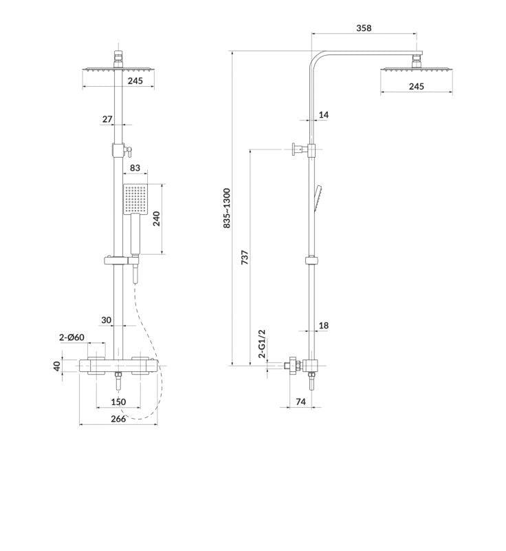Termostatisk Brusesøjle 25x25 cm Sort med EasyCLEAN 150 cm Slange | 5901771096481