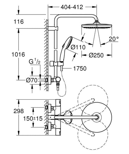 Termostatisk Brusesæt Vægmonteret 250 mm Hovedbruser Sort Mat