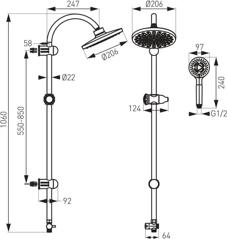 Brusesæt Rund 20,6 cm 3-Funktion Krom 106 cm