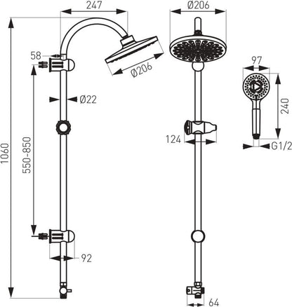Brusesæt Rund 20,6 cm 3-Funktion Krom 106 cm