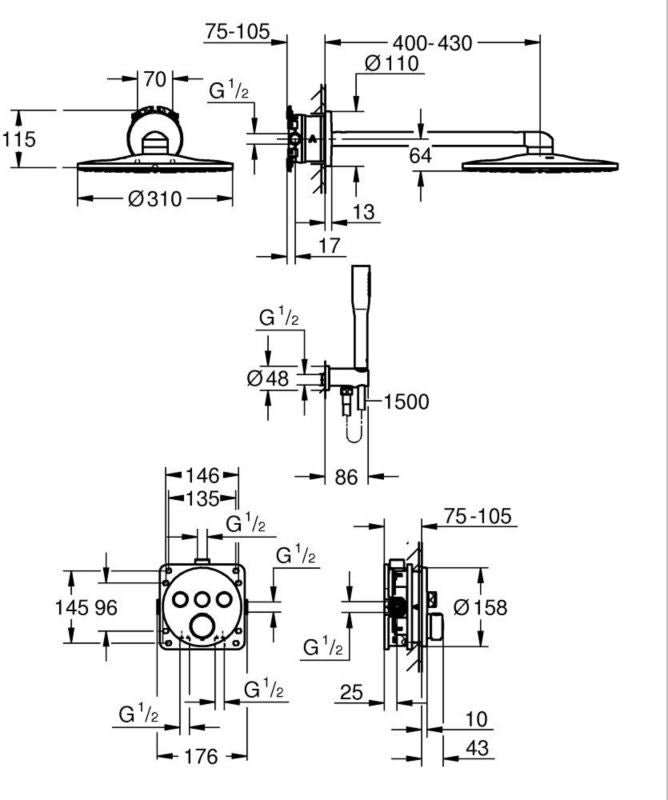 Indbygget Brusesæt Termostatisk 3-Udgange 31 cm Hovedbruser 150 cm Slange Krom