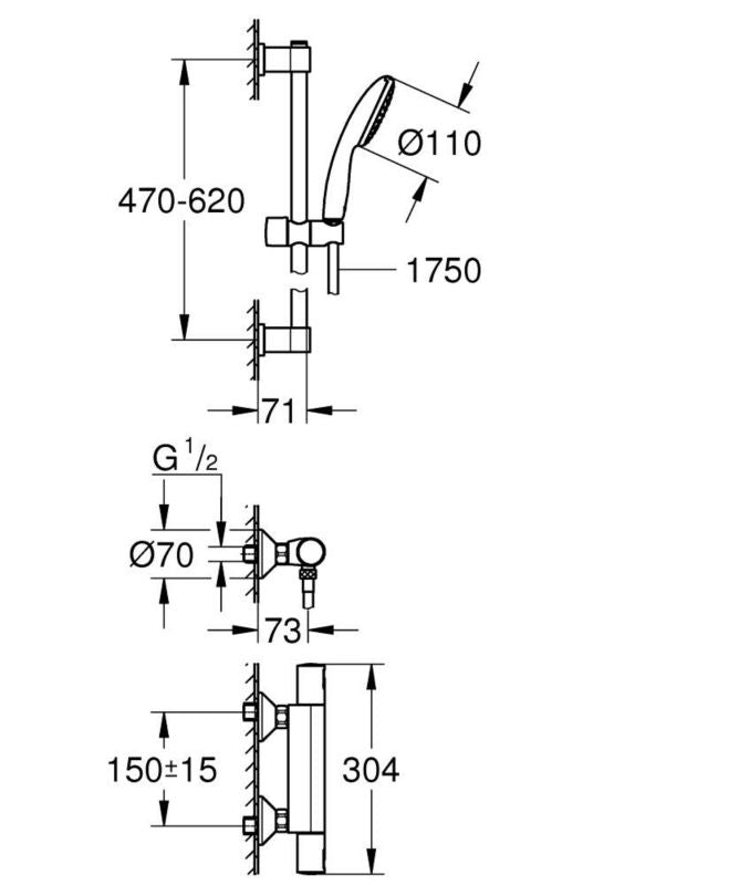Termostatisk Brusesæt Vægmonteret Sort Mat 600 mm Stang | 345972431