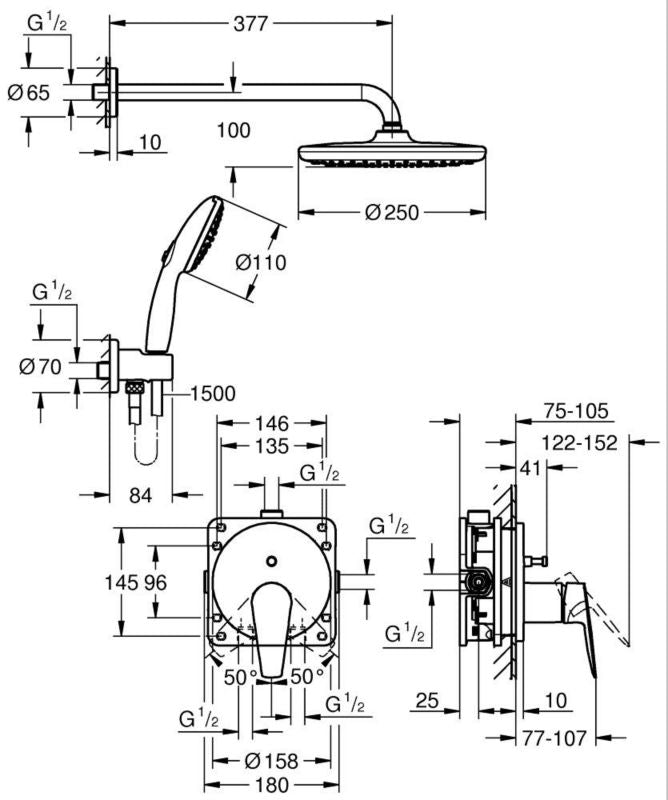 Indbygningsbruser 31 cm Bred 25 cm Hovedbruser med 150 cm Slange Forkromet