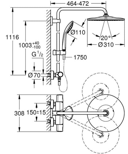 Termostatisk Brusesæt med 310 mm Hovedbruser og Håndbruser Krom