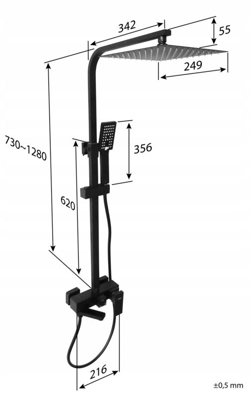 Brusesæt Sort Mat 128 cm Stål 25x25 cm Regulerbart Arm