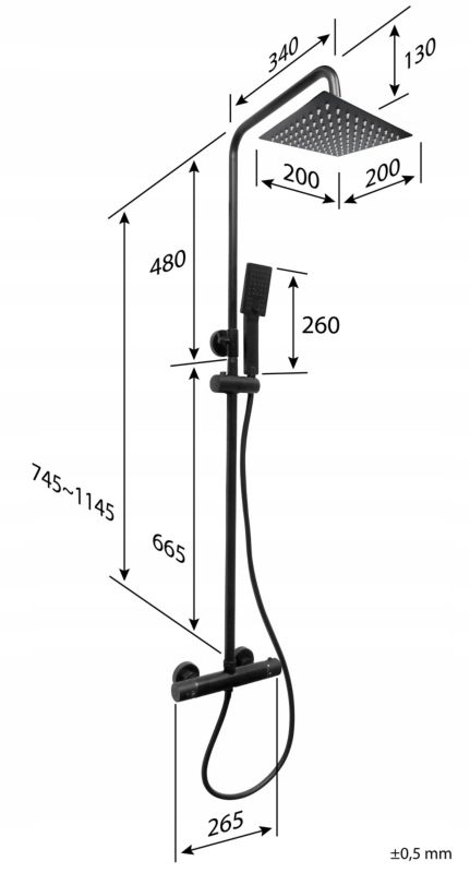 Brusesæt med Termostatarmatur ABO Black 114,5 cm Sort