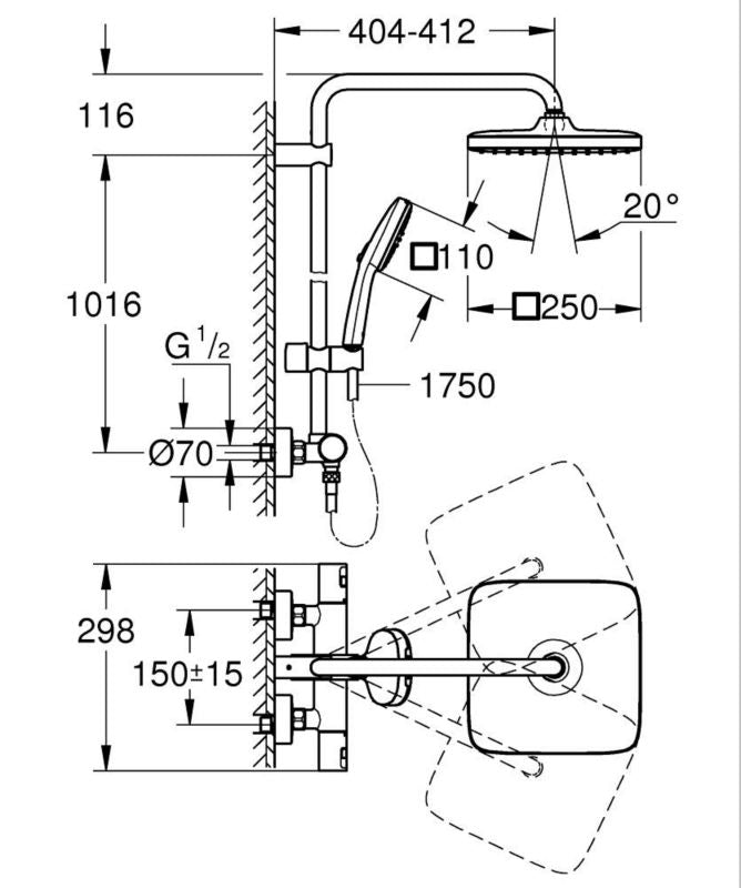 Termostatisk Brusesøjle Vitalio Comfort 250 Vægmonteret Krom 250 mm