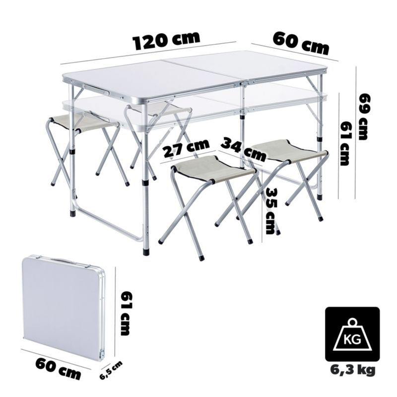 KADAX Turistisk Sæt Sammenklappeligt Bord 120 cm + 4 Stole 5-i-1 Camping Grill