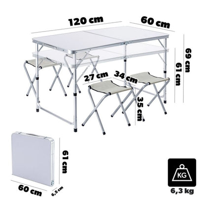 KADAX Turistisk Sæt Sammenklappeligt Bord 120 cm + 4 Stole 5-i-1 Camping Grill