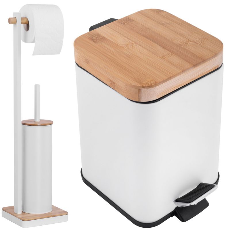 Badeværelsessæt med Pedalspand 3 L og Toiletbørsteholder Hvid/Bambus