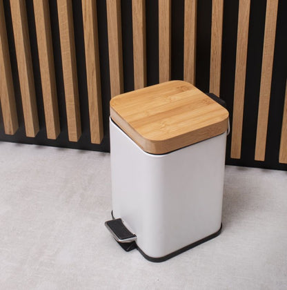 Badeværelsessæt med Pedalspand 3 L og Toiletbørsteholder Hvid/Bambus