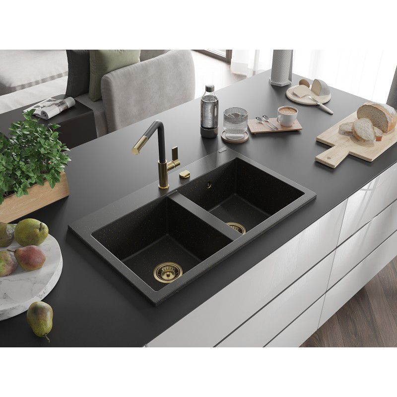 2-kammers granitvask Mexen 800x480 Hektor sort/guld