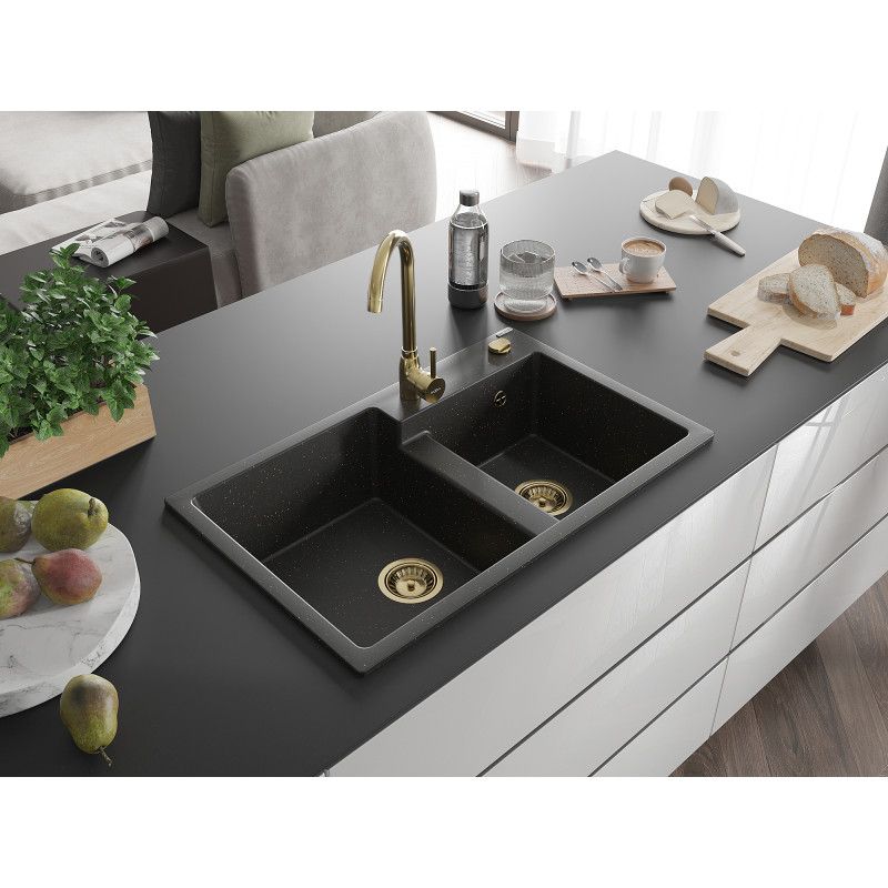 2-kammer granitvask Mexen 800x500 Tomas, sort/guld