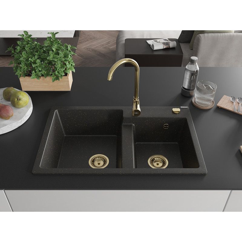 2-kammer granitvask Mexen 800x500 Tomas, sort/guld