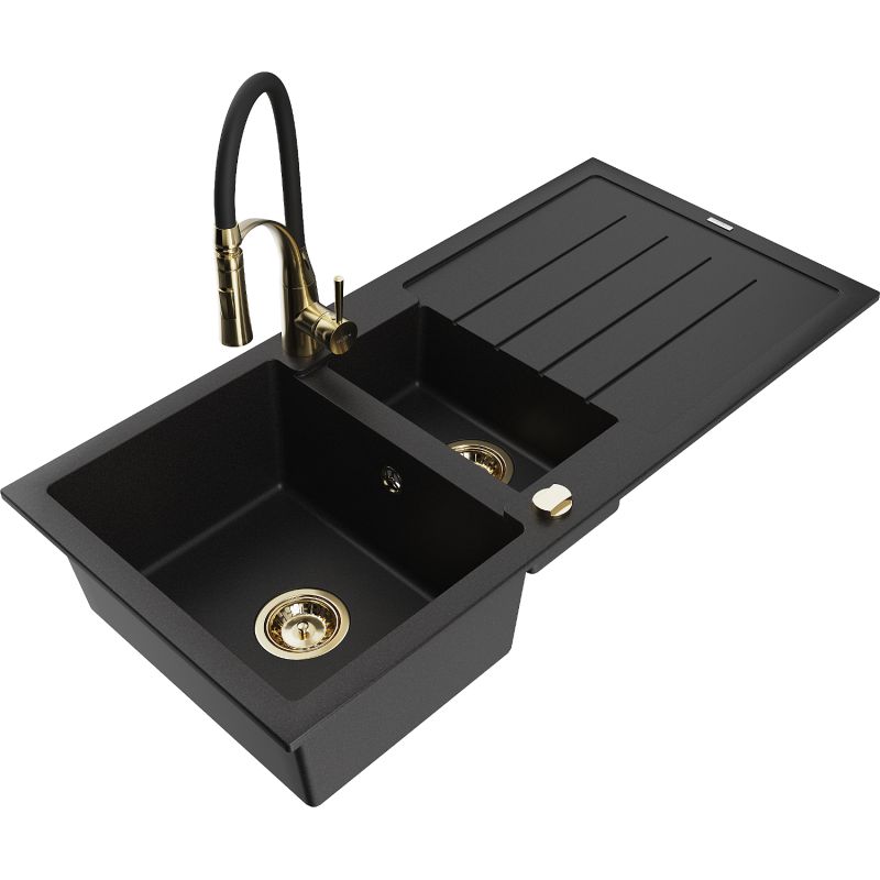 Granitsænke 1,5-kammer Mexen Andres med afløbsbakke og Aster køkkenarmatur i sort, 1 sæt