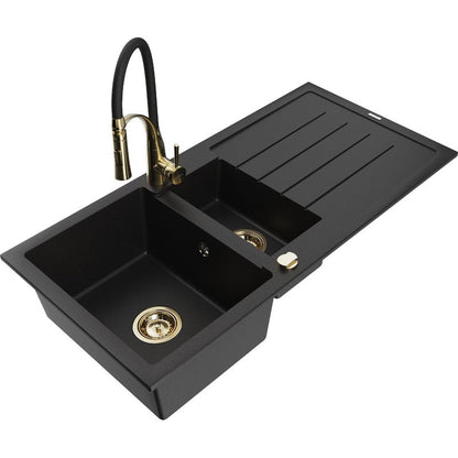 Granitsænke 1,5-kammer Mexen Andres med afløbsbakke og Aster køkkenarmatur i sort, 1 sæt
