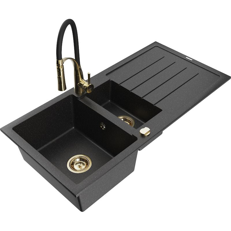 Granitsænke Mexen Andres 1,5-kammer med afløbsplade og Aster køkkenarmatur i sort/sølv, 1 sæt