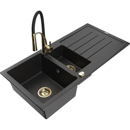Granitsænke Mexen Andres 1,5-kammer med afløbsplade og Aster køkkenarmatur i sort/sølv, 1 sæt