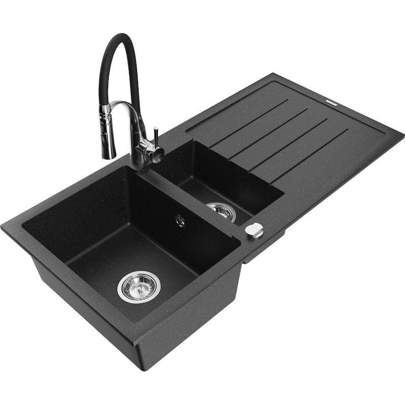 Granitsænke 1,5-kammers Mexen Andres med afløbsplade og Aster køkkenarmatur i sort/sølvmetallic, 1 sæt