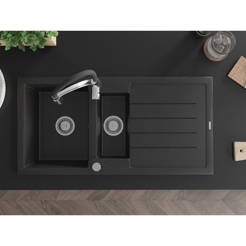 Granitsænke 1,5-kammers Mexen Andres med afløbsplade og Aster køkkenarmatur i sort/sølvmetallic, 1 sæt