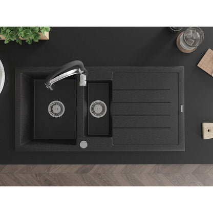 Granitsænke 1,5-kammers Mexen Andres med afløbsplade og Aster køkkenarmatur i sort/sølvmetallic, 1 sæt