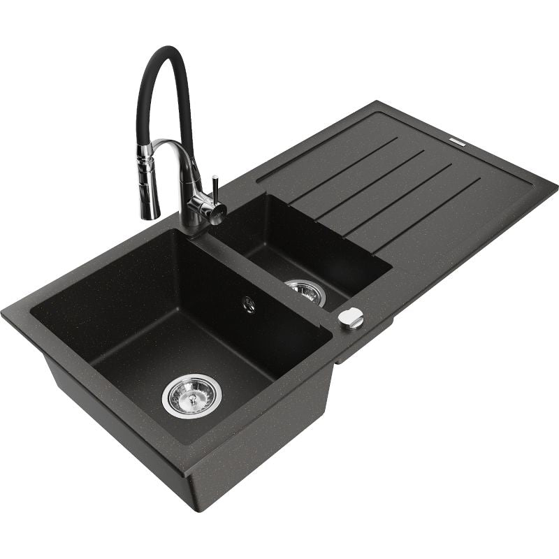 Granitsænke 1,5-kammer Mexen Andres med afløbsplade og Aster køkkenarmatur i sort/guldmetallic, 1 sæt