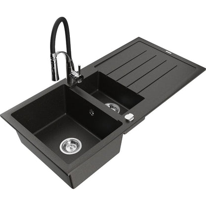 Granitsænke 1,5-kammer Mexen Andres med afløbsplade og Aster køkkenarmatur i sort/guldmetallic, 1 sæt