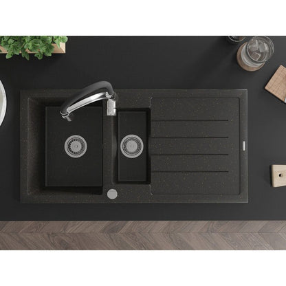 Granitsænke 1,5-kammer Mexen Andres med afløbsplade og Aster køkkenarmatur i sort/guldmetallic, 1 sæt