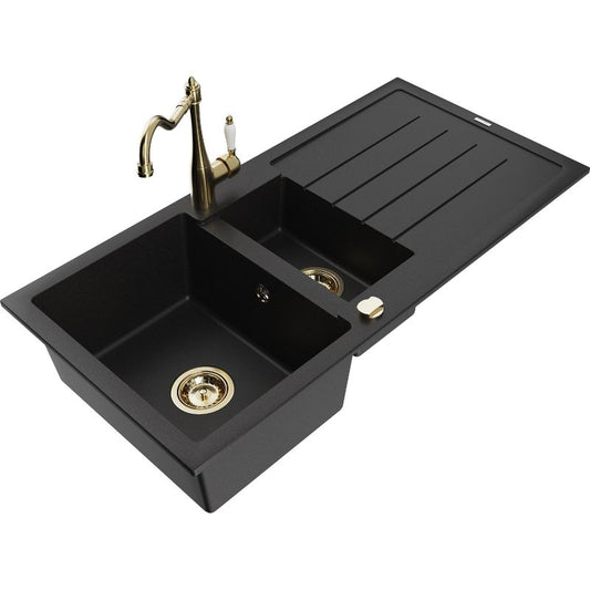 Granitsænke 1,5-kammer Mexen Andres med afløbsbakke og Carla køkkenarmatur, sort, 1 sæt