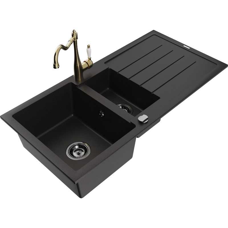 Granitsænke 1,5-kammer Mexen Andres med afløbsplade og Carla køkkenarmatur i sort, 1 sæt