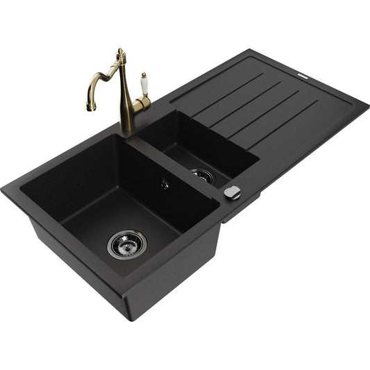 Granitsænke 1,5-kammer Mexen Andres med afløbsplade og Carla køkkenarmatur i sort, 1 sæt