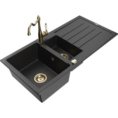 Granitsænke 1,5-kammer Mexen Andres med afløbsplade og Carla køkkenarmatur i sort/sølv, 1 sæt