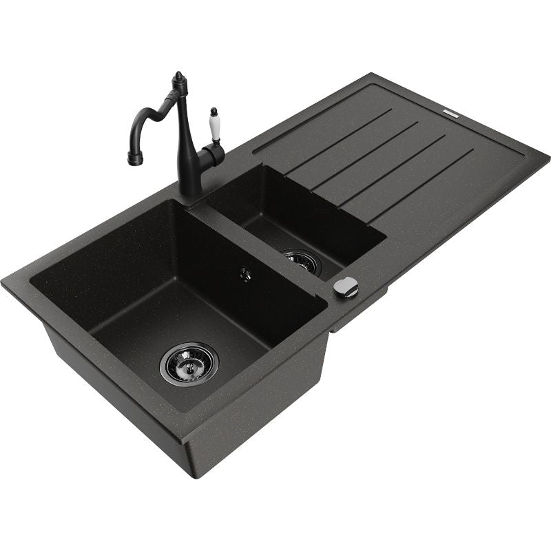 Mexen Andres granitsænke 1,5-kammer med afløbsplade og Carla køkkenarmatur i sort/guld, 1 sæt