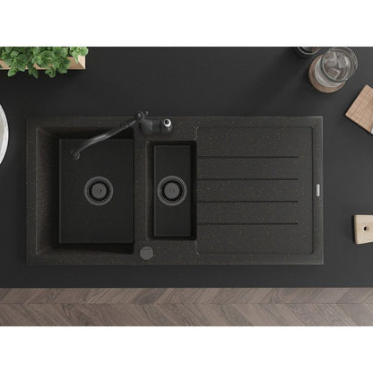 Mexen Andres granitsænke 1,5-kammer med afløbsplade og Carla køkkenarmatur i sort/guld, 1 sæt