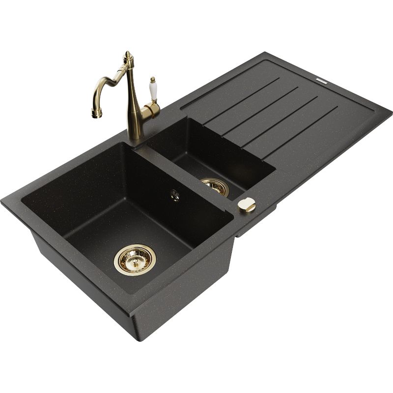 Granitsænke 1,5-kammer Mexen Andres med afløbsplade og Carla køkkenarmatur, sort/guld metalik, 1 sæt