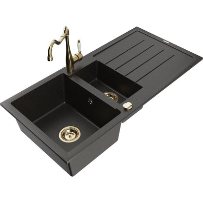 Granitsænke 1,5-kammer Mexen Andres med afløbsplade og Carla køkkenarmatur, sort/guld metalik, 1 sæt