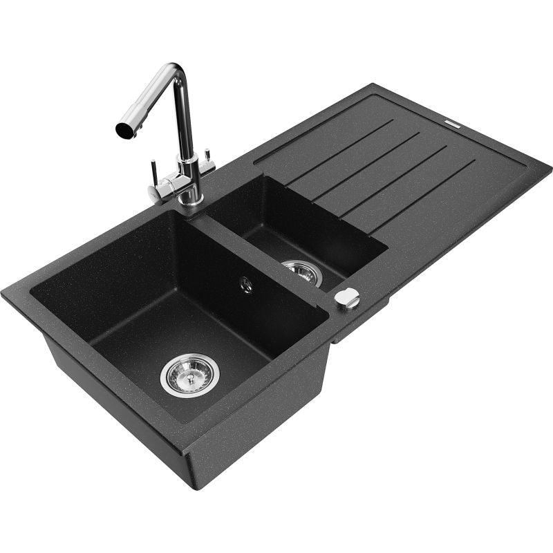 Granitsæbe 1,5-kammer Mexen Andres med afløbsplade og køkkenarmatur Duero sort/sølv 1 sæt