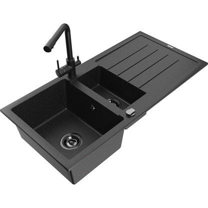 Granitvask 1,5-kammer Mexen Andres med afløbsplade og Duero køkkenarmatur i sort/sølv, 1 sæt
