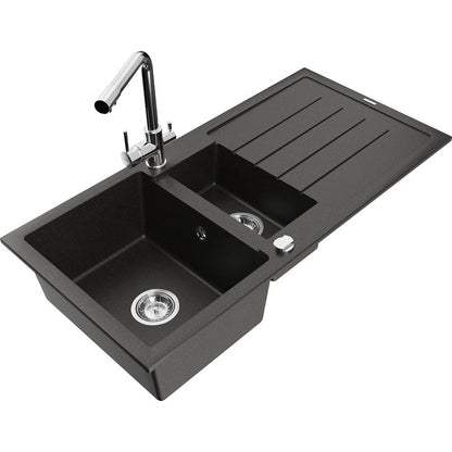 Granitsink 1,5-kammers Mexen Andres med afløbsbakke og køkkenarmatur Duero sort/guld 1 sæt