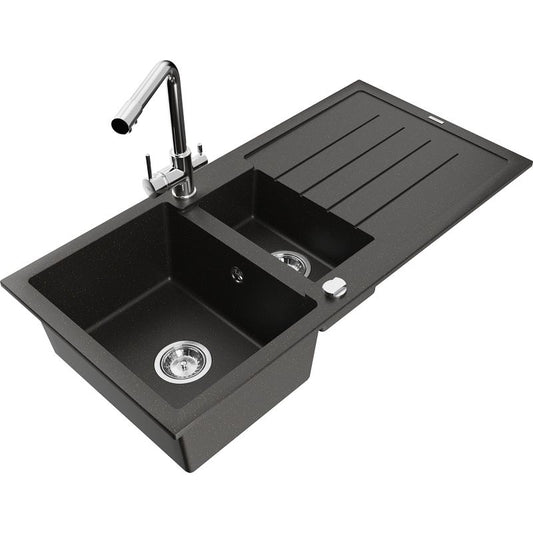 Granitsink 1,5-kammers Mexen Andres med afløbsbakke og køkkenarmatur Duero sort/guld 1 sæt