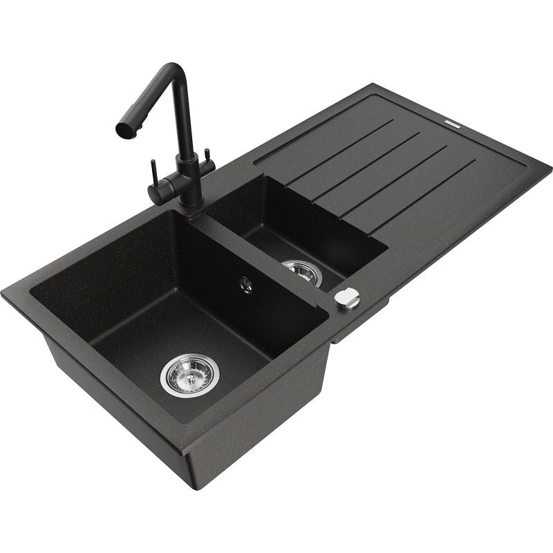Granitsænke 1,5-kammer Mexen Andres med afløbsbakke og Duero køkkenarmatur i sort/guld, 1 sæt