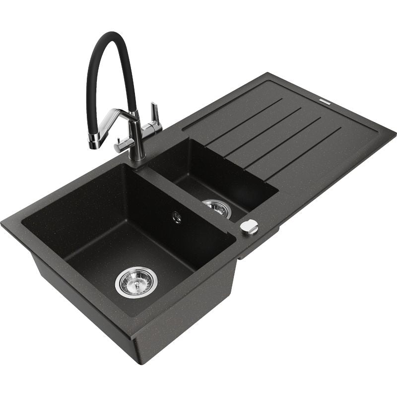 Granitsænke 1,5-kammer Mexen Andres med afløbsplade og Duo køkkenarmatur, sort/guldmetallic, 1 sæt
