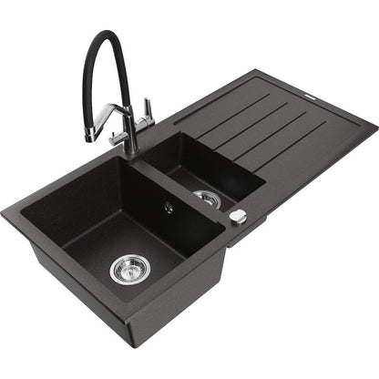 Granitsænke 1,5-kammer Mexen Andres med afløbsplade og Duo køkkenarmatur, sort/guldmetallic, 1 sæt